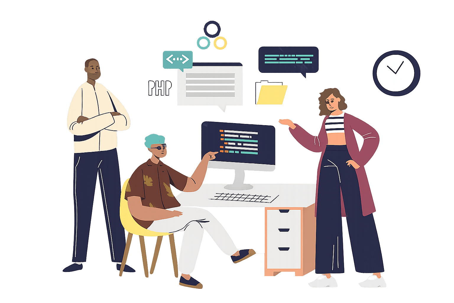 Diverse engineering team collaborating at a computer